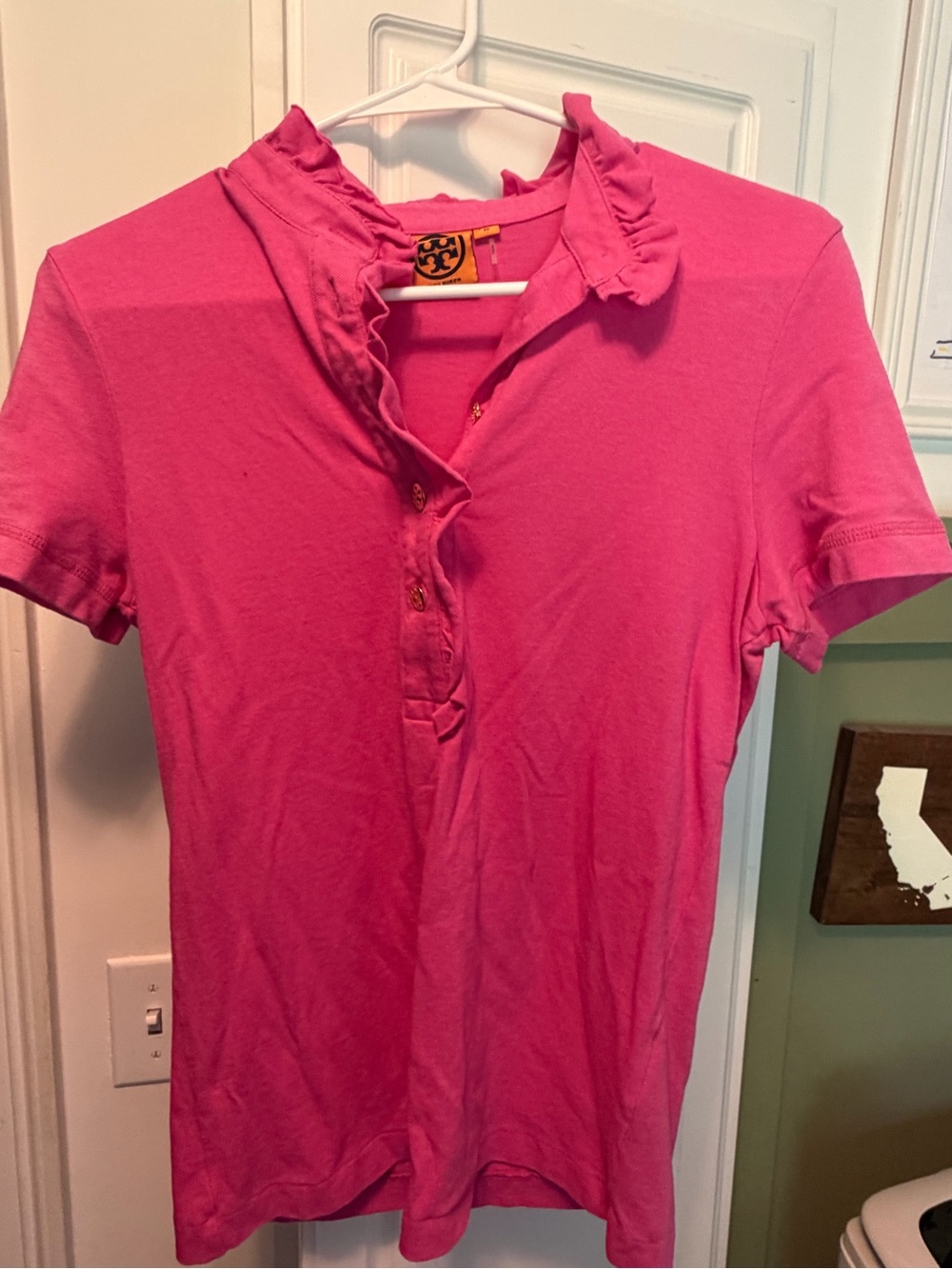 Tory Burch Hot Pink Ruffle-Trim Polo Tee